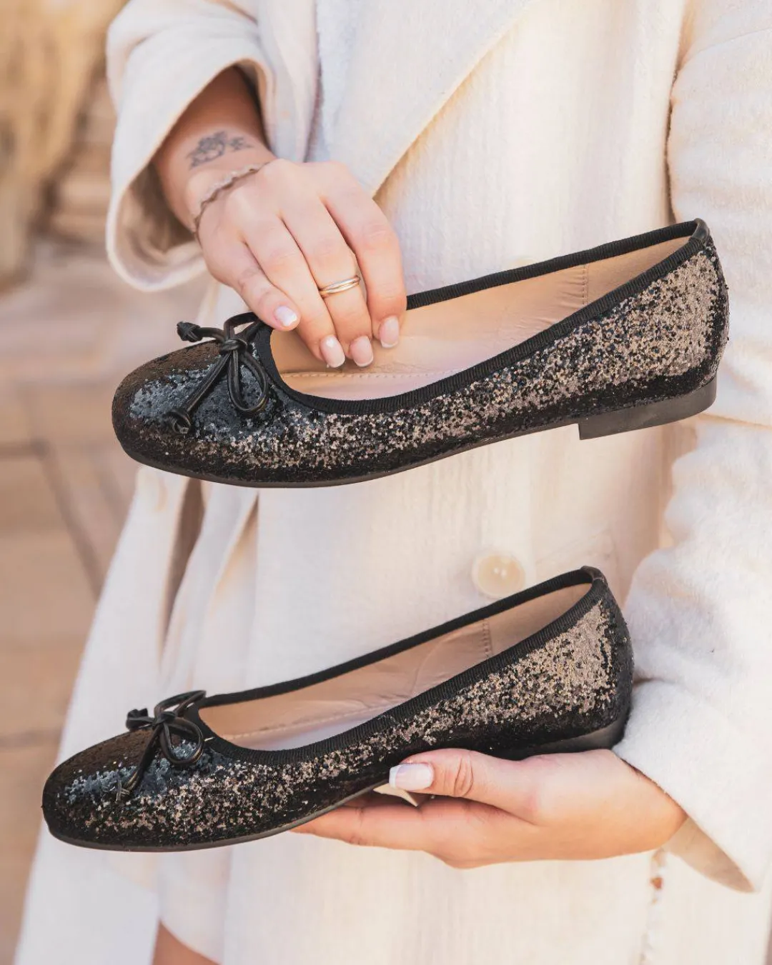 Outlet Casual Mode Ballerines femme plates es pailletées - Flavia Noir