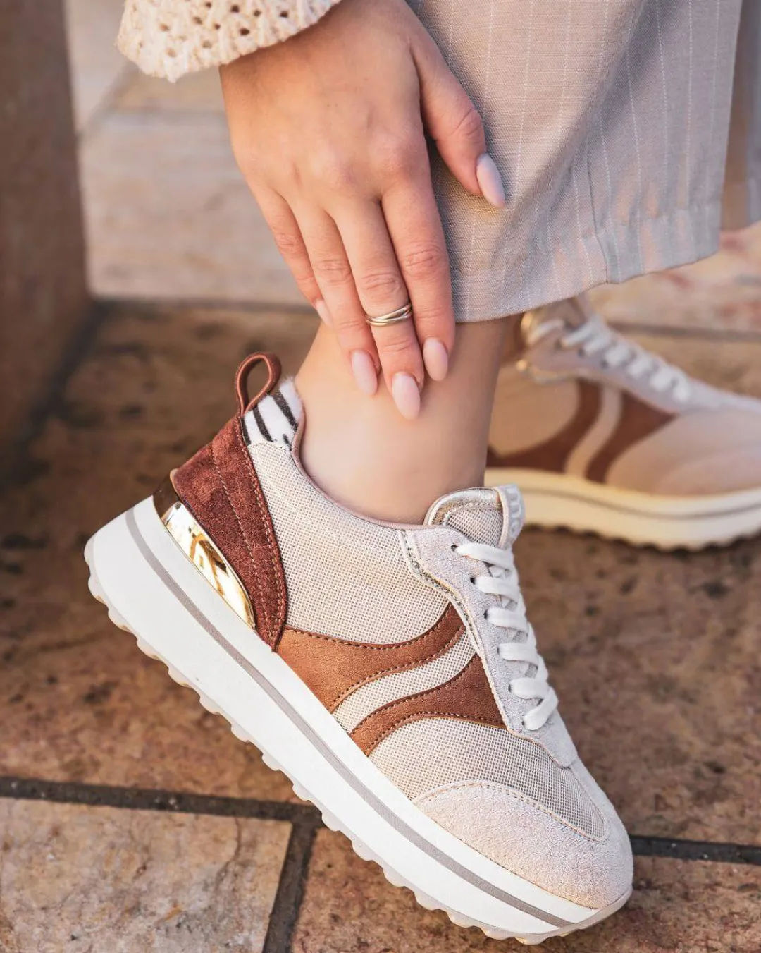 Fashion Casual Mode Basket femme à lacets - Noémie Beige