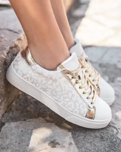 Best Casual Mode Basket femme blanche et dée léopard à lacets - Eliana Or