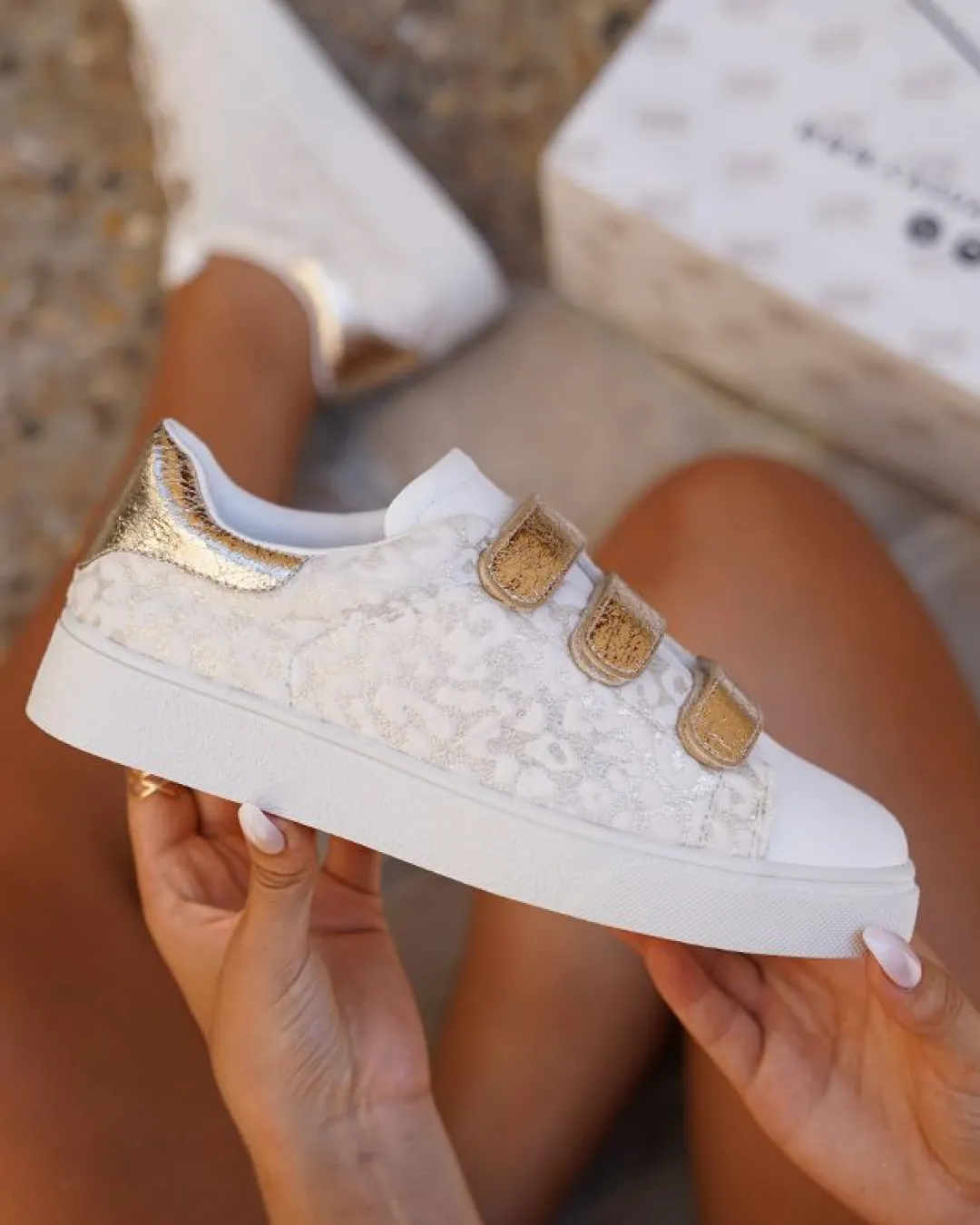 Fashion Casual Mode Basket femme blanche et dée léopard scratch - Elina Or