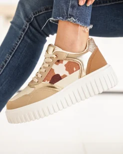 New Casual Mode Basket femme compensée à lacets - Ebony Camel