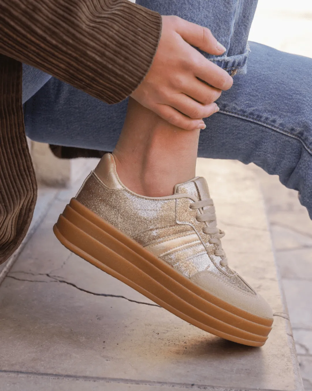 New Casual Mode Basket femme compensée dée à lacets - Ondine Or