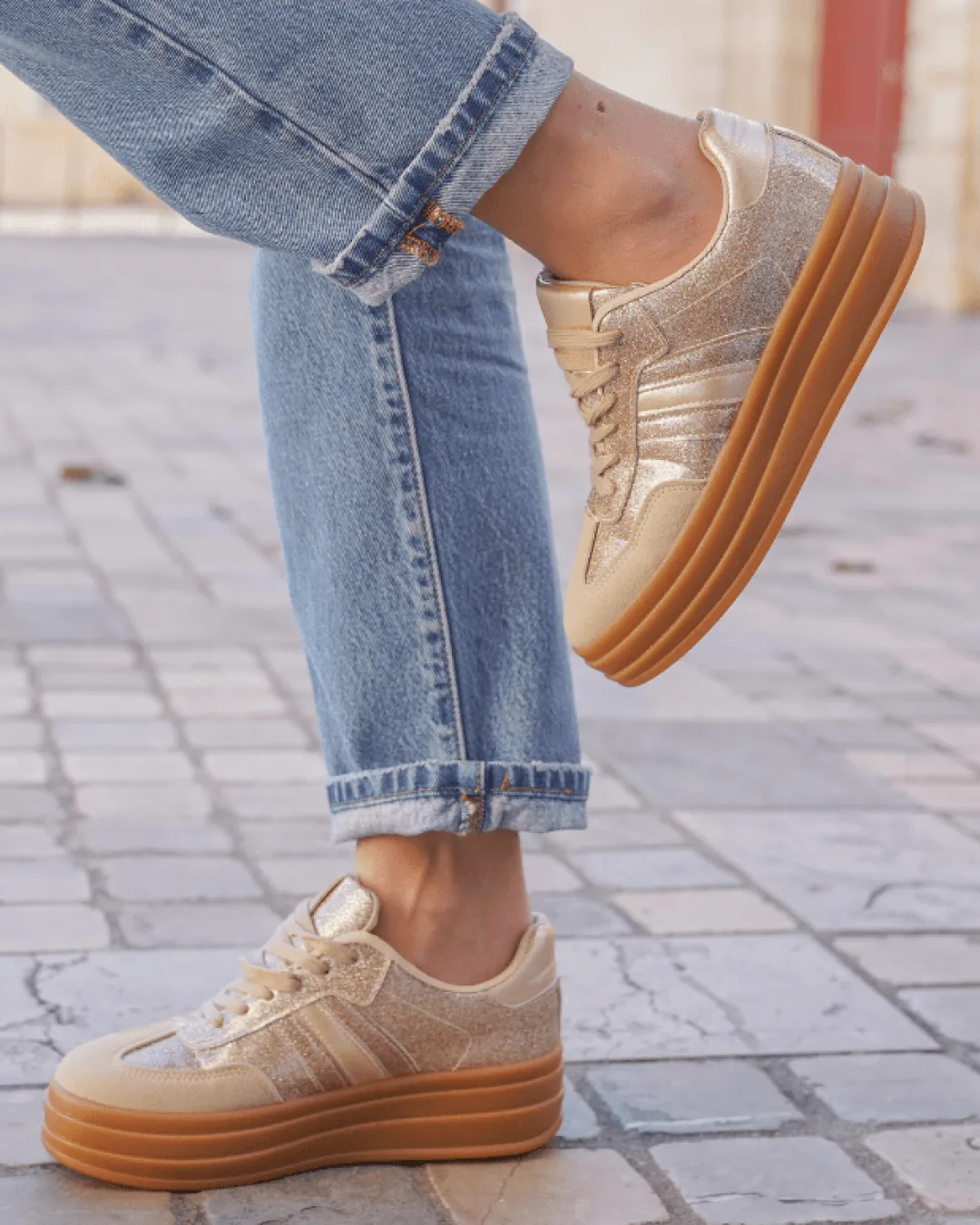 New Casual Mode Basket femme compensée dée à lacets - Ondine Or