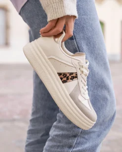 Fashion Casual Mode Basket femme compensée léopard à lacets - Alicia Leopard