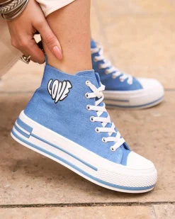 Hot Casual Mode Basket femme denim blue jeans montante en toile - Linda Bleu