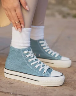 Outlet Casual Mode Basket femme denim blue jeans montante en toile - Delphine Bleu