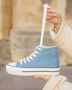 Outlet Casual Mode Basket femme denim blue jeans montante en toile - Delphine Bleu