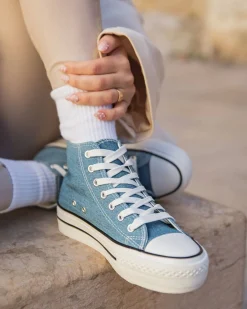 Outlet Casual Mode Basket femme denim blue jeans montante en toile - Delphine Bleu