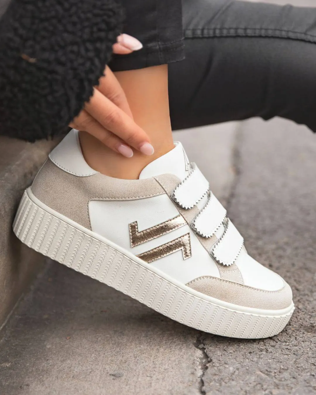 Outlet Casual Mode Basket femme dée et blanche creepers à scratch - CL73 GOLD Or