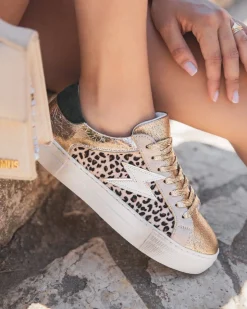 Fashion Casual Mode Basket femme léopard et dorée à lacets - Chrysta Leopard