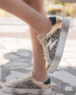 Fashion Casual Mode Basket femme léopard et dorée à lacets - Chrysta Leopard