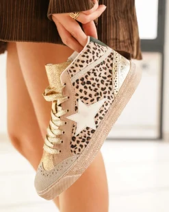 Discount Casual Mode Basket femme léopard montante étoile à lacets - Lolie Beige