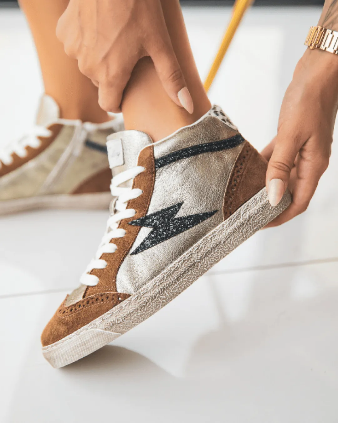 Outlet Casual Mode Basket femme montante dée et camel - Solène Or