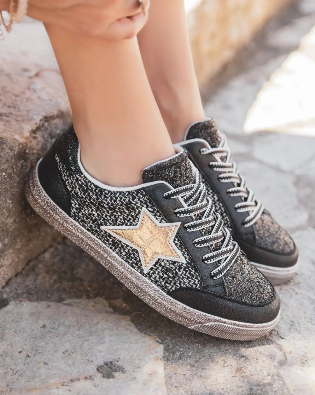 Online Casual Mode Basket femme e étoile à lacets - Élise Noir