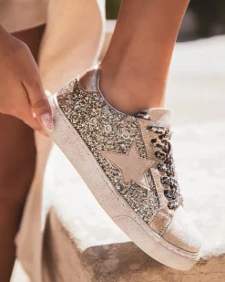 Fashion Casual Mode Basket femme paillettes dorées à lacets - Roxane Beige