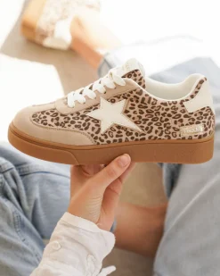 Clearance Casual Mode Basket femme semelle marron étoile léopard à lacets - Perrine Leopard