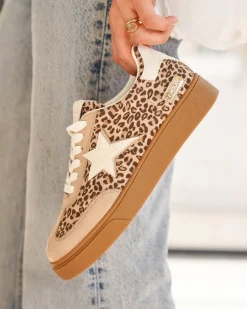 Clearance Casual Mode Basket femme semelle marron étoile léopard à lacets - Perrine Leopard
