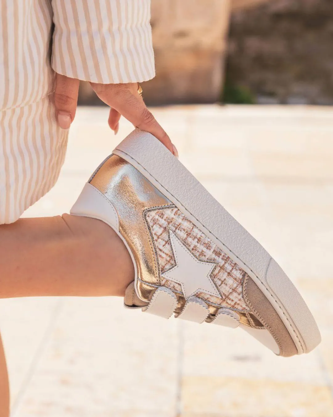 Outlet Casual Mode Basket femme étoile dorée et he à lacets - Céline Blanc
