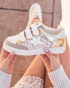 Outlet Casual Mode Basket femme étoile dorée et he à lacets - Céline Blanc