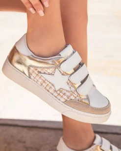 Outlet Casual Mode Basket femme étoile dorée et he à lacets - Céline Blanc