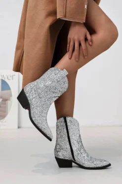 New Casual Mode Bottines femme santiag ées à talon - Olivia Argent