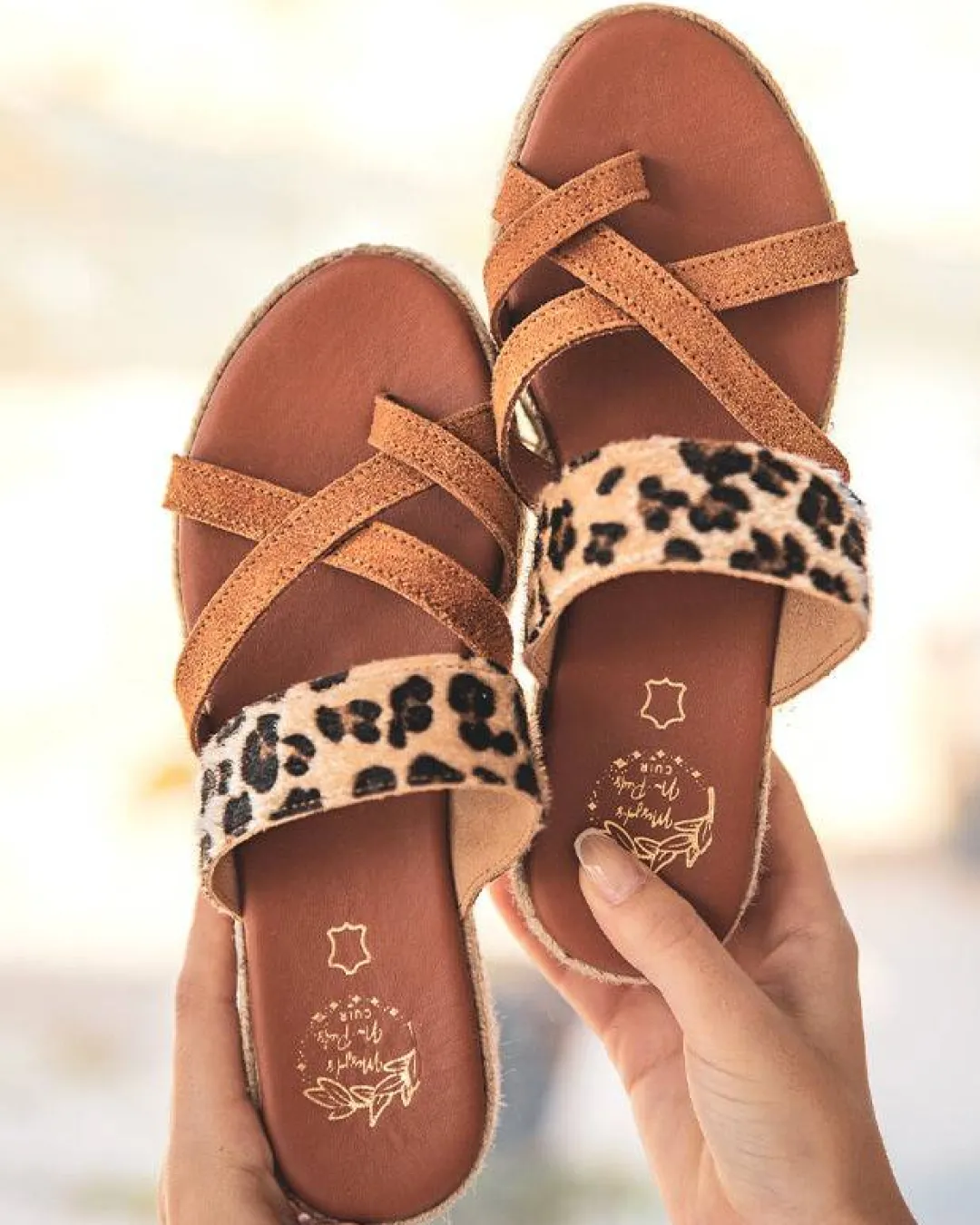 Outlet Casual Mode Mule femme plateforme léopard en cuir - MJNP99 Camel