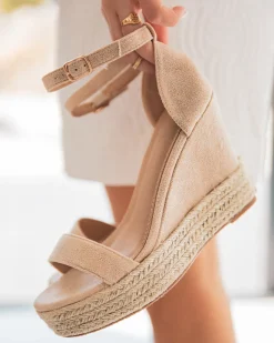 Hot Casual Mode Sandale femme compensée daim et corde - Ninon Beige