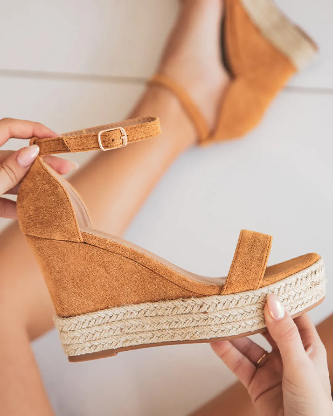 Best Casual Mode Sandale femme compensée daim et corde - Ninon Camel