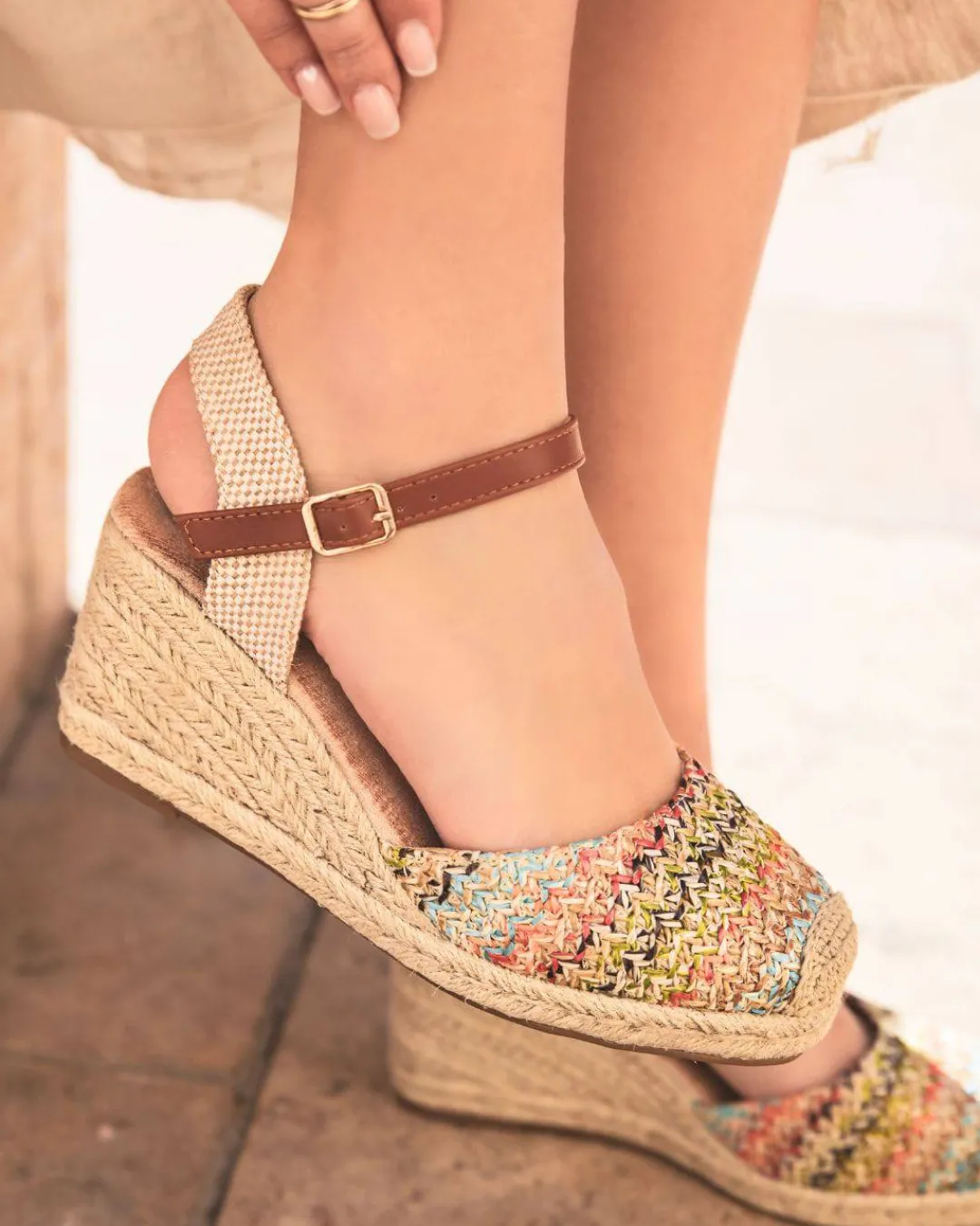 Sale Casual Mode Sandale femme compensée multicolore - Diane Beige