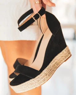 Sale Casual Mode Sandale femme compensée e daim et corde - Ninon Noir