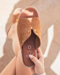 Discount Casual Mode Sandale femme en cuir mule plate - MJNP201 Camel