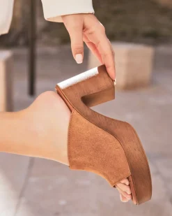 Outlet Casual Mode Sandale femme en cuir talon carré mule - MJNP206 Camel