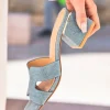 Best Casual Mode Sandale femme mule talon carré jeans - Sophie Bleu