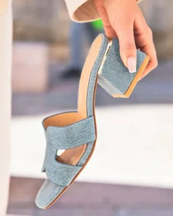 Best Casual Mode Sandale femme mule talon carré jeans - Sophie Bleu