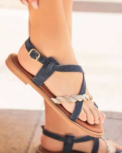 Discount Casual Mode Sandale femme plate en CUIR - MJNP89 Bleu