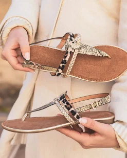 Best Casual Mode Sandale femme plate confort et doré - Lou Beige