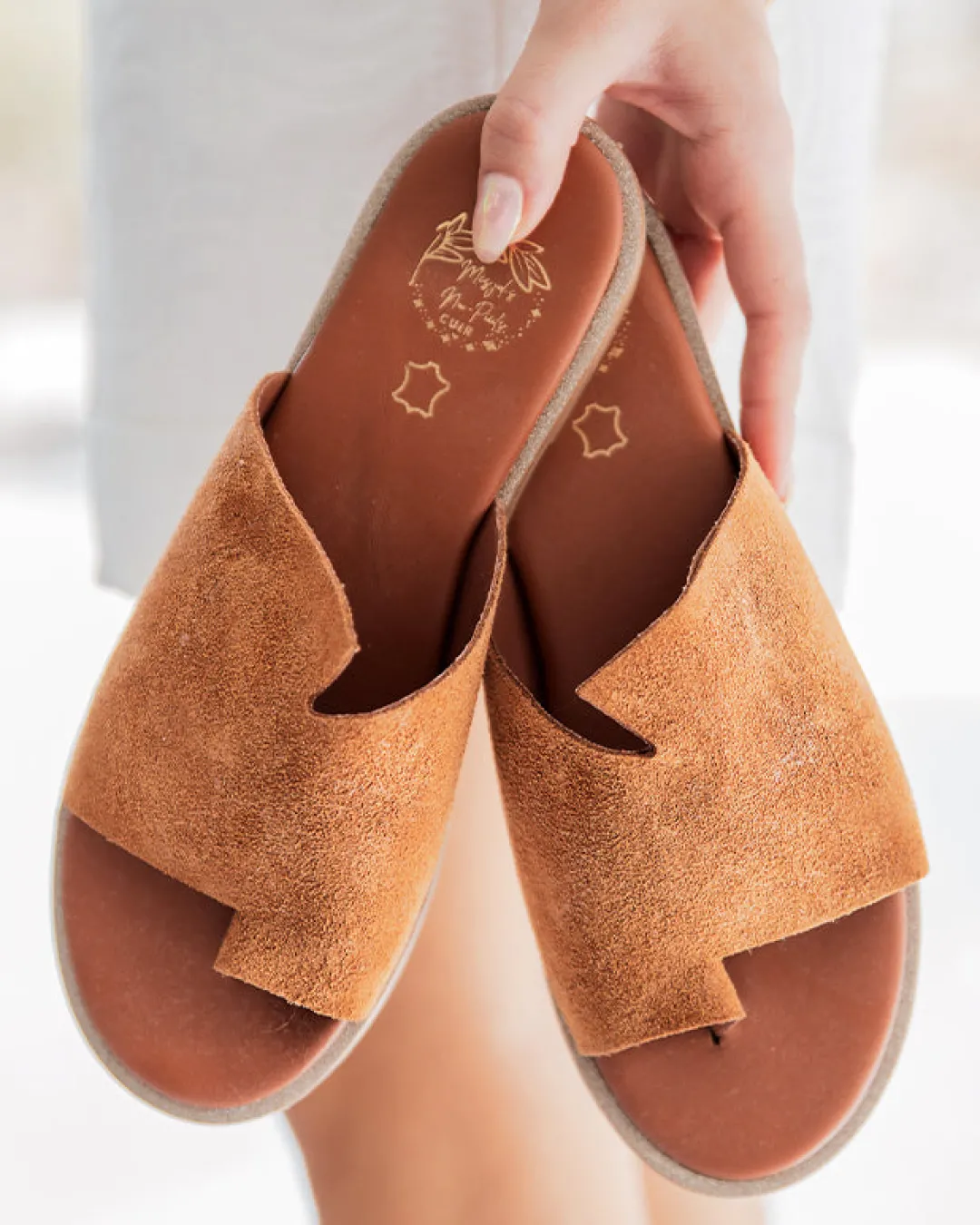 New Casual Mode Sandale femme plate en cuir mule - MJNP101 Camel