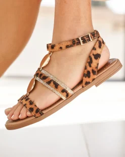 Online Casual Mode Sandale femme plate léopard et dorée - Louise Leopard