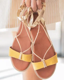 Online Casual Mode Sandale femme plate moutarde en CUIR - MJNP87 Jaune