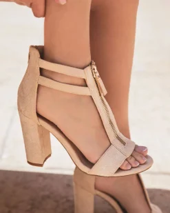 Sale Casual Mode Sandale femme talon carré en daim - Louise Beige