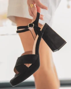 Fashion Casual Mode Sandale femme talon carré daim - Leslie Noir