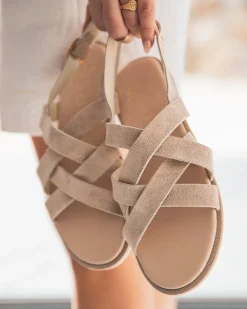 Outlet Casual Mode Sandale plate cuir daim femme - MJNP90 Beige