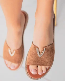 Clearance Casual Mode Sandale plate en cuir femme - MJNP88 Camel