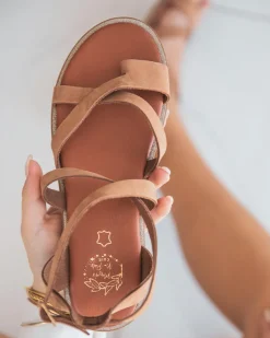 New Casual Mode Sandale plate en cuir pour femme - MJNP100 Camel