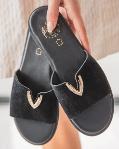 New Casual Mode Sandale plate en cuir e femme - MJNP88 Noir