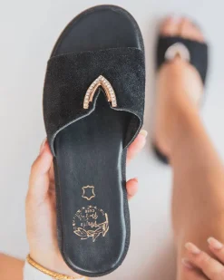 New Casual Mode Sandale plate en cuir e femme - MJNP88 Noir