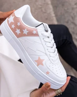Best Casual Mode Sneakers Urbaines Blanches et Rose Pâle avec Motif Étoilé Nude